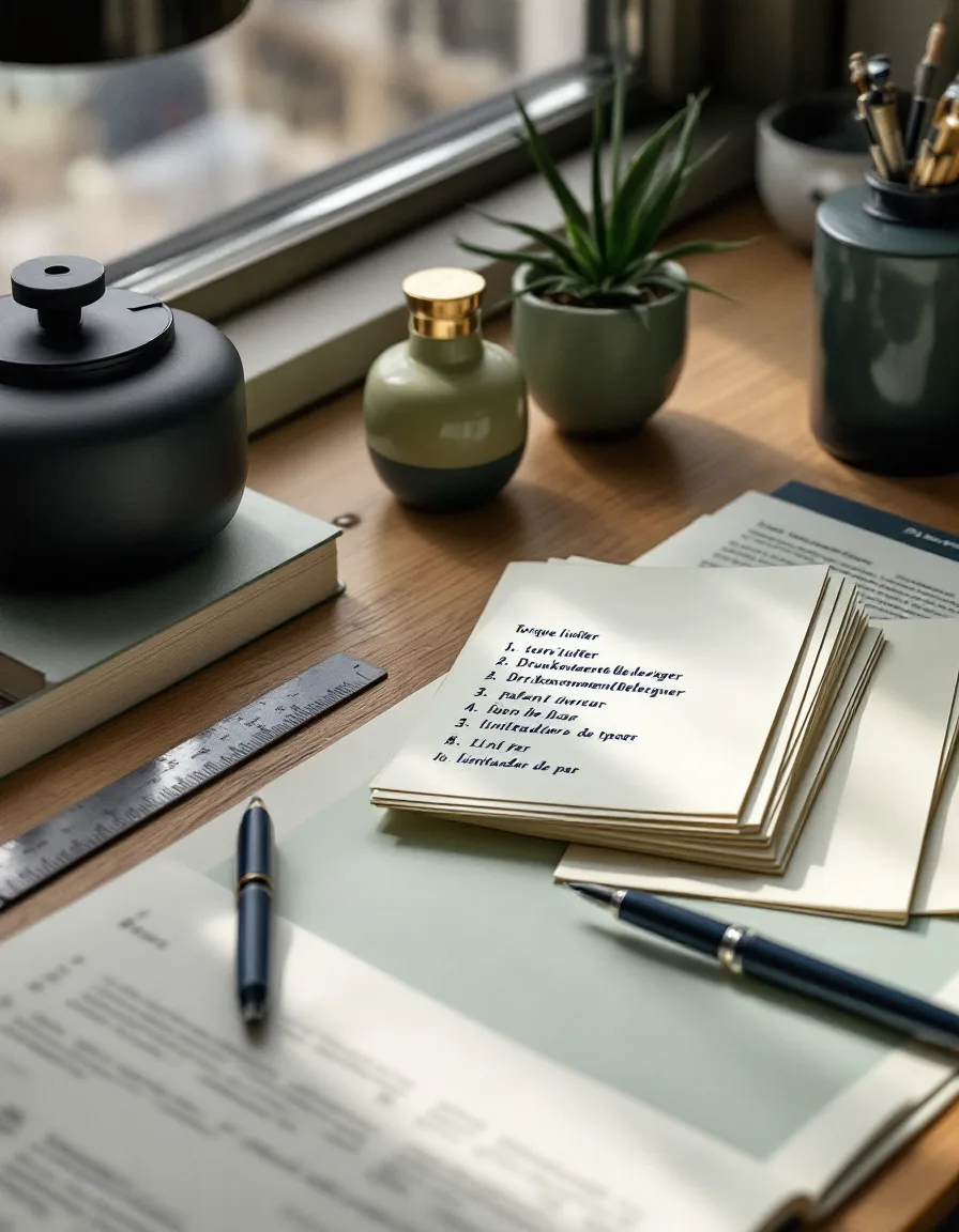 Glossary index cards lettered in English, German, Japanese and Spanish beside an annotated patent claim set and a navy fountain pen